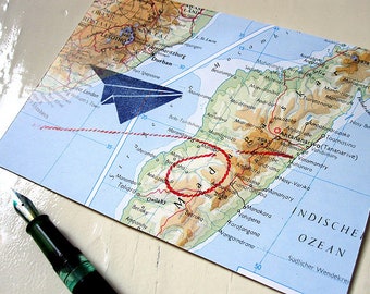 aviator, vintage maps, greeting card, sympathy card, folded card, upcycling, handmade by renna deluxe