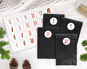 calendrier de l’avent pour lui kit 25 jours calendrier de Noël NOIR avec ROSE GOLD métallisé 25 sacs en style boho hygge fabriqué par renna deluxe