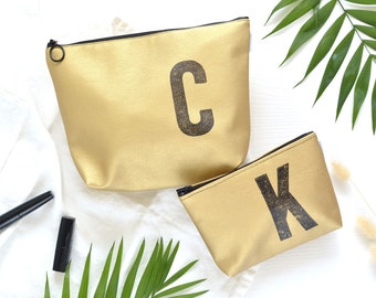 Toiletry bag GOLD, personalized, initial stamped with the letter of your choice,  monogram toiletry bag, vegan, by renna deluxe