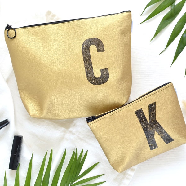 Toiletry bag GOLD, personalized, initial stamped with the letter of your choice,  monogram toiletry bag, vegan, by renna deluxe