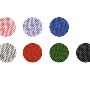 May include: Seven round fabric swatches in different colors and patterns. The swatches are red, white, blue, green, black, and two shades of gray.