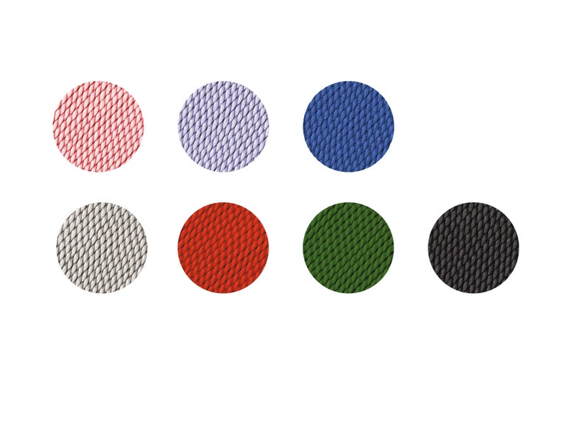 May include: Seven round fabric swatches in different colors and patterns. The swatches are red, white, blue, green, black, and two shades of gray.