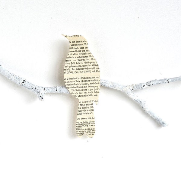 Blackbird on a perch wall object upcycling vinatge paper handmade by renna deluxe