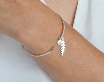 Fern bracelet cuff bangle in silver fern leaf minimalism modern boho style cuff handmade jewelry by renna deluxe