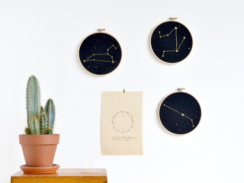 Gemini constellation Gold print Wall Art, Zodiac star sign under the stars embroidery hoop art, wall decoration art by renna deluxe zdjęcie 8