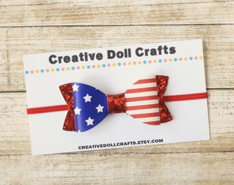 Flag Bow, 4th of July Doll Bow, Patriotic Bow, Doll Headband, Doll Accessory, 4th of July Bow, Bow For Doll, 18 Inch Doll, Bows