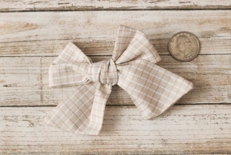 Doll Sailor Bow, Doll Bow, Tan Doll Bow, Doll Accessory, Neutral Bow, Hand Tied Bows, 18 Inch Doll, Plaid Doll Bow, Bow For Doll, Tan Bow image 5