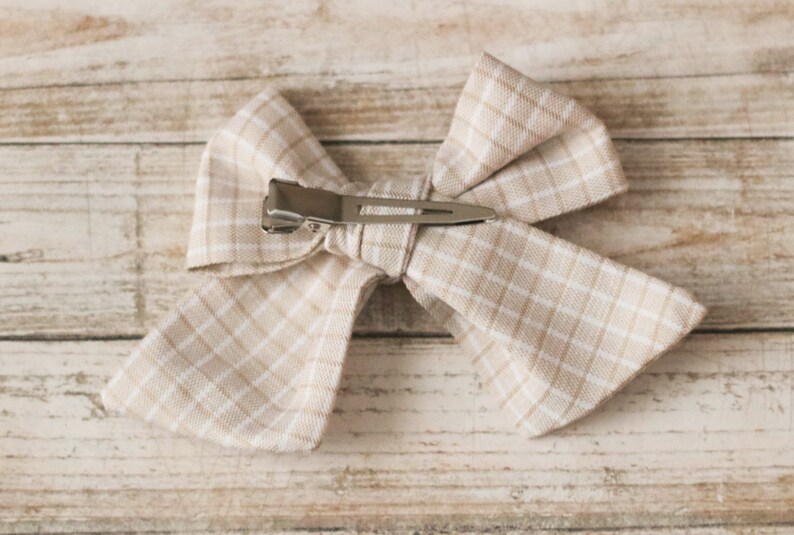 Doll Sailor Bow, Doll Bow, Tan Doll Bow, Doll Accessory, Neutral Bow, Hand Tied Bows, 18 Inch Doll, Plaid Doll Bow, Bow For Doll, Tan Bow image 9