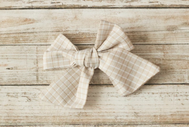 Doll Sailor Bow, Doll Bow, Tan Doll Bow, Doll Accessory, Neutral Bow, Hand Tied Bows, 18 Inch Doll, Plaid Doll Bow, Bow For Doll, Tan Bow image 2