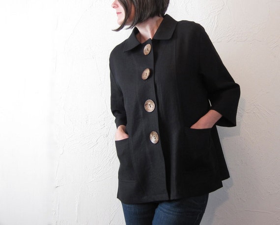 Items similar to Linen Jacket - Black with Coconut Buttons and Pockets ...