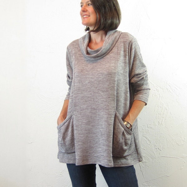 Knit Tunic - Heathered Grey Knit with Cowl Neck and Pockets