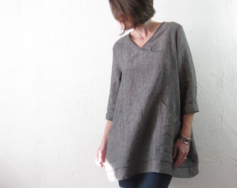 Linen Tunic - Grey with Deep Pockets and Cross-Over V-Neck
