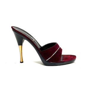 Vintage 1970s Deadstock Pollys // Maroon Suede Gold Accent Step In Platform Metal Spike Heels by Impo Size 7