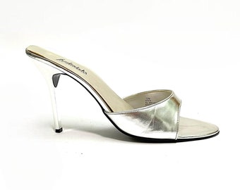 Vintage 1990s Deadstock Polly Style Heels // Silver Vegan Leather Slip On Mule Stilettos by Frederick's of Hollywood Size 11