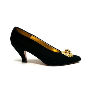Vintage 1980s Gold Buckle Pumps // Black Fabric Slip On Adorned Heels by Paloma Size 7.5