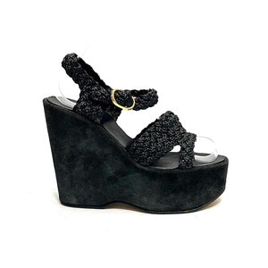Vintage 1970s Braided Rattan Platform Disco Heels // Black Suede Chunky Open Toe Wedges Size 6.5