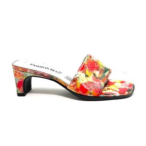 Vintage 1990s Vinyl Hologram Sandals // Multicolor Rose Graphic Open Toe Heels by Fashion Bug Size 7.5