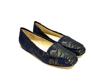 Vintage Y2K Slip On Loafers // Gold and Navy Brocade Dress Flats by Bandolino Size 8.5