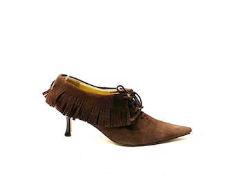 Vintage 1990s Jimmy Choo Heels // Brown Suede Fringe Stiletto Ankle Booties // SATC Carrie Bradshaw Size 5.5