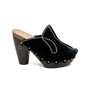 Vintage 1990s Platform Clogs // Black Suede Slip On Memory Foam Insole Heeled Mules by Flogg Size 9.5