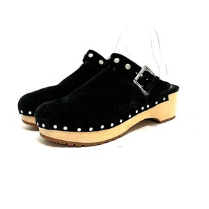 Vintage Y2K Wooden Clogs // Black Suede Riveted Slip On Mules by Rebecca Minkoff Size 9.5