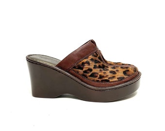 Vintage 1990s Leopard Print Platform Clogs // Brown Leather Pony Hair Wedge Mules by Born Size 7