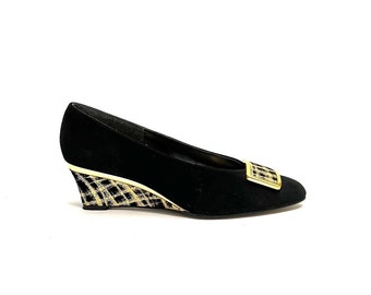 Vintage 1970s Gold Painted Wedges // Black Suede Oversize Buckle Slip On Heels by Magdesians Size 6.5