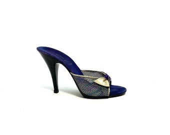 Vintage 1980s Iridescent Rainbow Polly Style Heels // Purple Suede Open Toe Bow Pumps by Onex Size 4.5