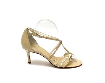 Vintage 1980 Khaki Bow Heels // Strappy Italian Leather Open Toe Pumps by Grillis Roma Size 7.5 // European Vintage