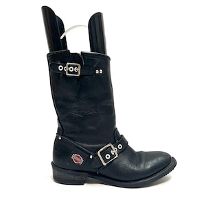 Vintage 1990s Womens Buckle Moto Boots // Black Leather Mid Calf Biker Boots by Harley-Davidson Size 6.5