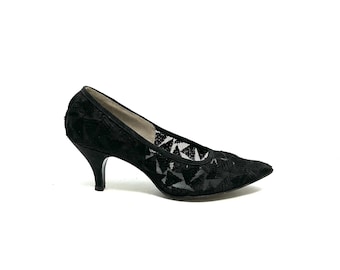 Vintage 1950s Illusion Pumps // Black Embroidered Triangle Dress Heels by Selby Size 6