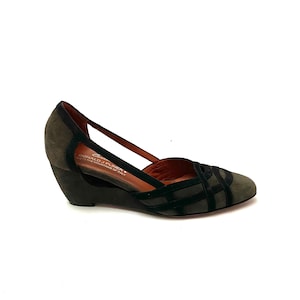 Vintage 1990s Cutout Wedges // Gray Suede d&#39;Orsay Heels by Donald J Pliner Couture Size 6