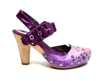 Vintage Y2K Floral Wooden Heels // Purple Ombre Leather Strappy Heeled Clogs by Dr. Scholl's Size 7