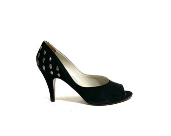 Vintage 1970s Disco Heels // Black Suede Studded Slip On Stiletto Pumps by Garolini Size 6.5