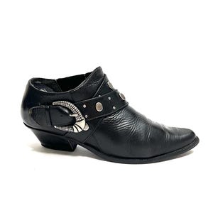 Vintage 1980s Biker Ankle Boots // Black Leather Studded Strap Pull On Moto Booties by Circle S Size 6