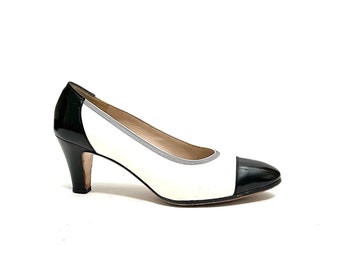 Vintage 1980s Spectator Pumps // Black and White Leather Slip On Heels by Salvatore Ferragamo Size 6.5