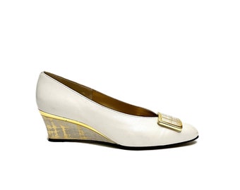 Vintage 1970s Gold Painted Wedges // Ivory Leather Oversize Buckle Slip On Heels by Magdesians Size 6.5