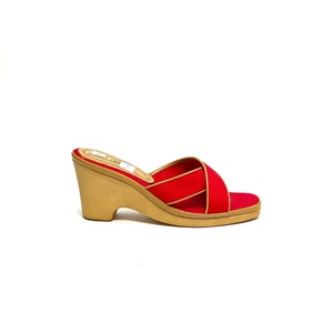 Vintage 1970s Deadstock Vegan Disco Heels // Red Canvas Criss Cross Slip On Wedges by Cobbie Cuddlers Size 7.5