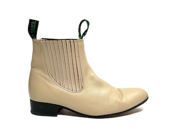 Vintage 1990s Mens Chelsea Boots // Ivory Leather Western Style Heeled Ankle Booties by La Barca Size 8.5