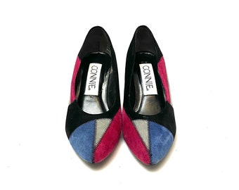 Vintage 1980s Patchwork Heels // Suede Colorblock Workwear Pumps by Connie Size 7.5