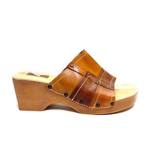 Vintage 1990s Patchwork Platform Sandals // Brown Leather Open Toe Slip On Wedges by Lower East Side Size 12