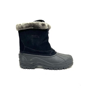 Vintage 1990s Womens Heavy Duty Winter Boots // Black Suede Faux Fur Zip Front Waterproof Snow Boots by Itasca Size 10