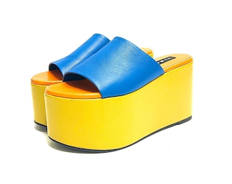 Vintage Y2K Extreme Platform Sandals // Colorblock Vegan Leather Wedge Flatform Shoes by Simon Miller Size 10