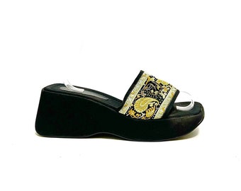 Vintage 1990s Platform Sandals // Black Fabric Paisley Slip On Goth Club Kid Wedges by Fashion Bug Size 10