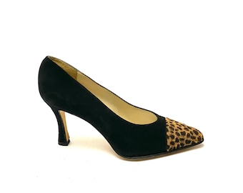 Vintage 1990s Cheetah Print Heels // Black Suede Faux Fur Pumps by Martinez Valero Size 6.5