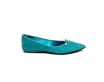 Vintage 1960s Pointed Toe Flats // Turquoise Corduroy Slip On House Shoe Slippers by Daniel Green Size 5.5