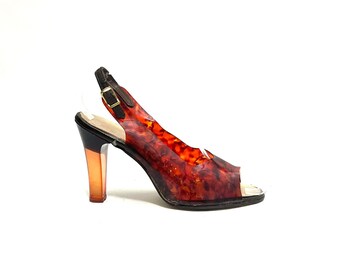 Vintage 1970s Tortoise Shell Vinyl Slingback Heels // Brown Clear Acrylic Heel Vegan Open Toe Sandals Size 8.5