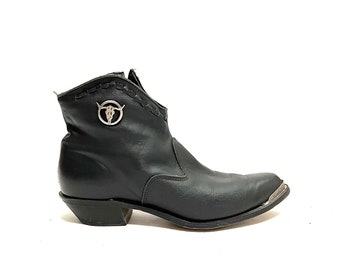 Vintage 1980s Womens Cowboy Booties // Black Leather Logo Medallion Zip Up Heeled Boots by Laredo Size 9.5