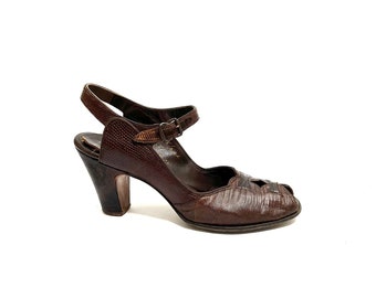 Vintage 1940s Cutout Peep Toe Pumps // Brown Reptile Leather Pinup Heels by Palizzio Size 5