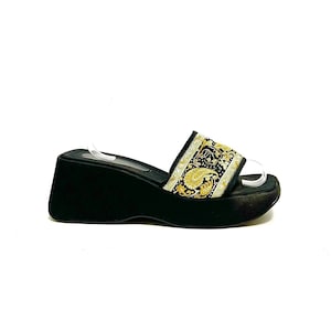 Vintage 1990s Platform Sandals // Black Fabric Paisley Slip On Goth Club Kid Wedges by Fashion Bug Size 10
